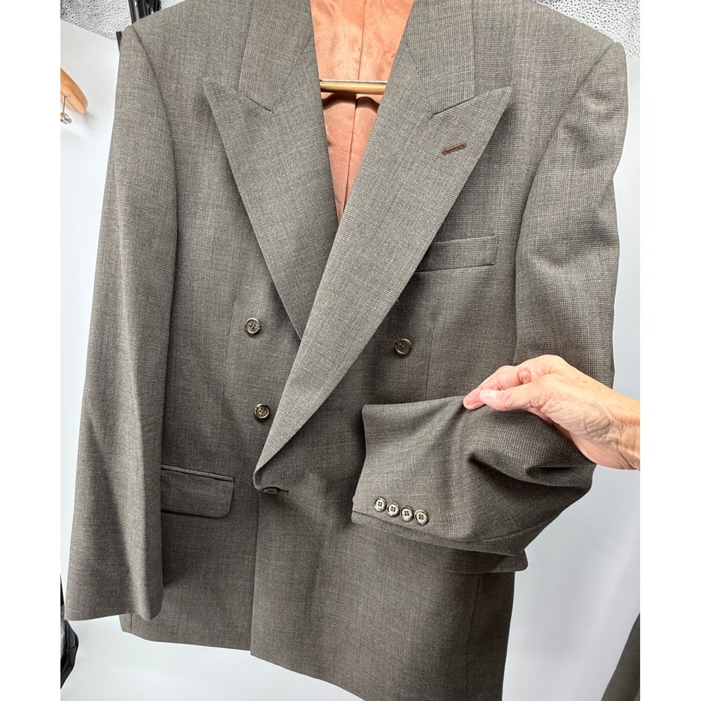 Vtg Evan-Picone Brown Wool Double Breasted Suit 42L 36W Pleated Cuffed pants